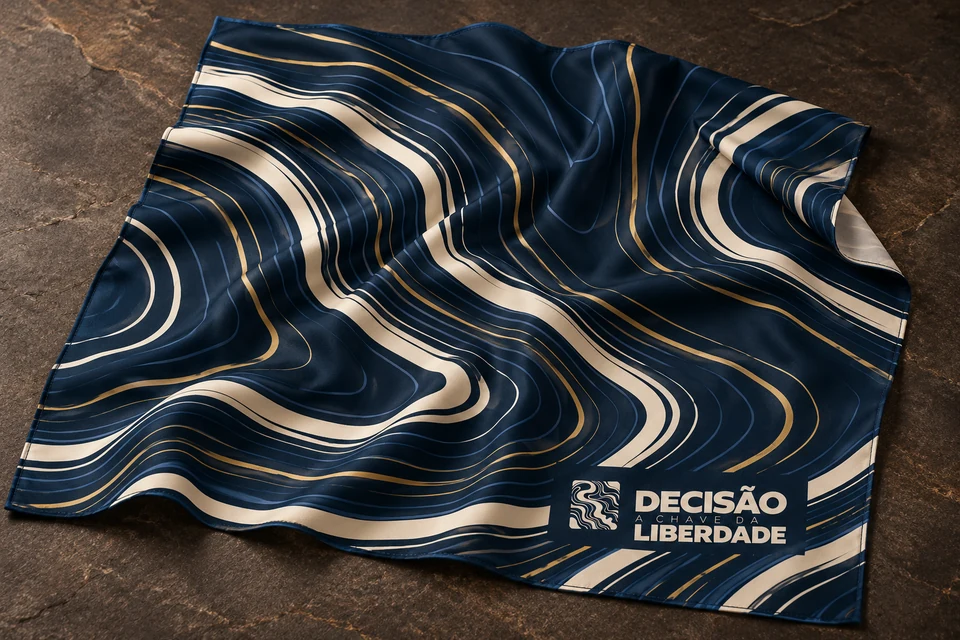 Bandana com linhas azuis, marfim e douradas da identidade Decisão.