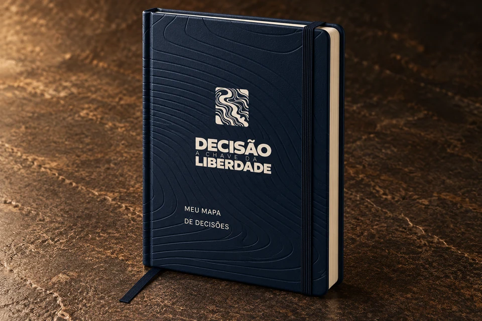 Caderno azul Decisão, com grafismos na capa e elástico dourado.