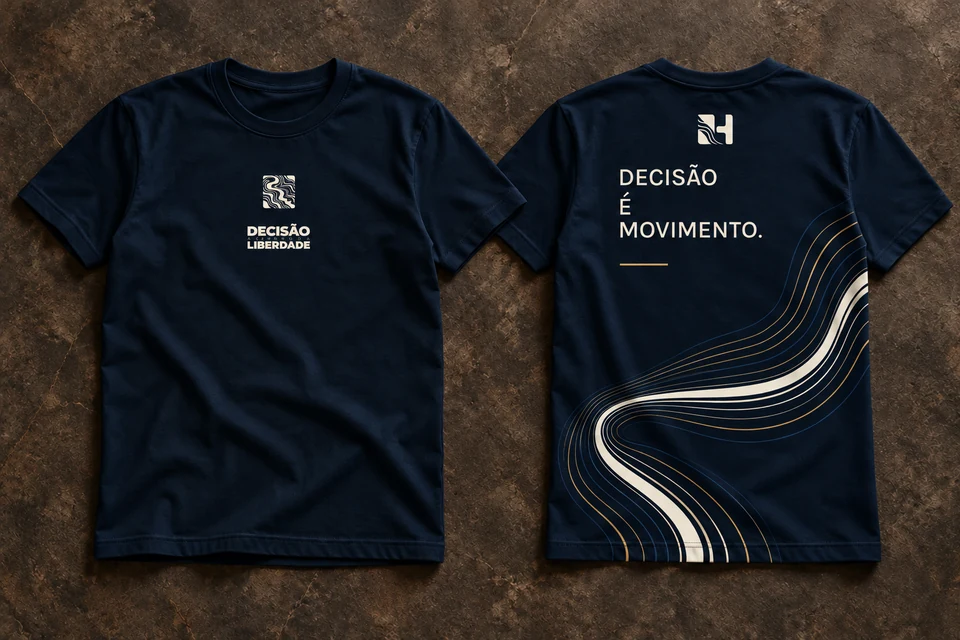 Frente e verso da camiseta azul Decisão, com a frase Decisão é movimento nas costas.