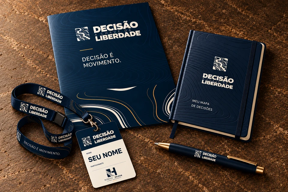 Composição ilustrativa do Básico: caneta, caderno e pasta, com o crachá de identificação comum aos ingressos.