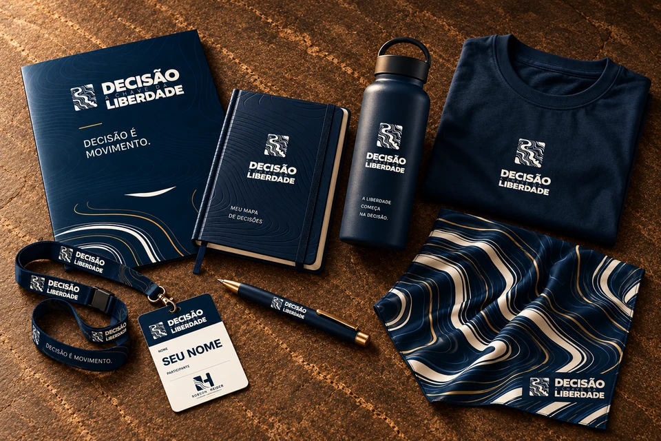 Composição ilustrativa do VIP: caneta, caderno, pasta, garrafa, camiseta e bandana, com crachá de identificação.