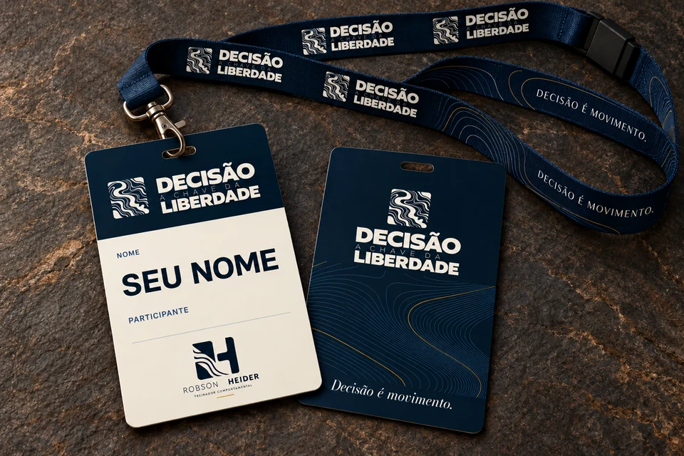 Frente e verso do crachá Decisão com fita de identificação.