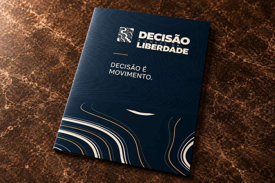Frente da pasta azul Decisão, com a assinatura do evento e linhas orgânicas.